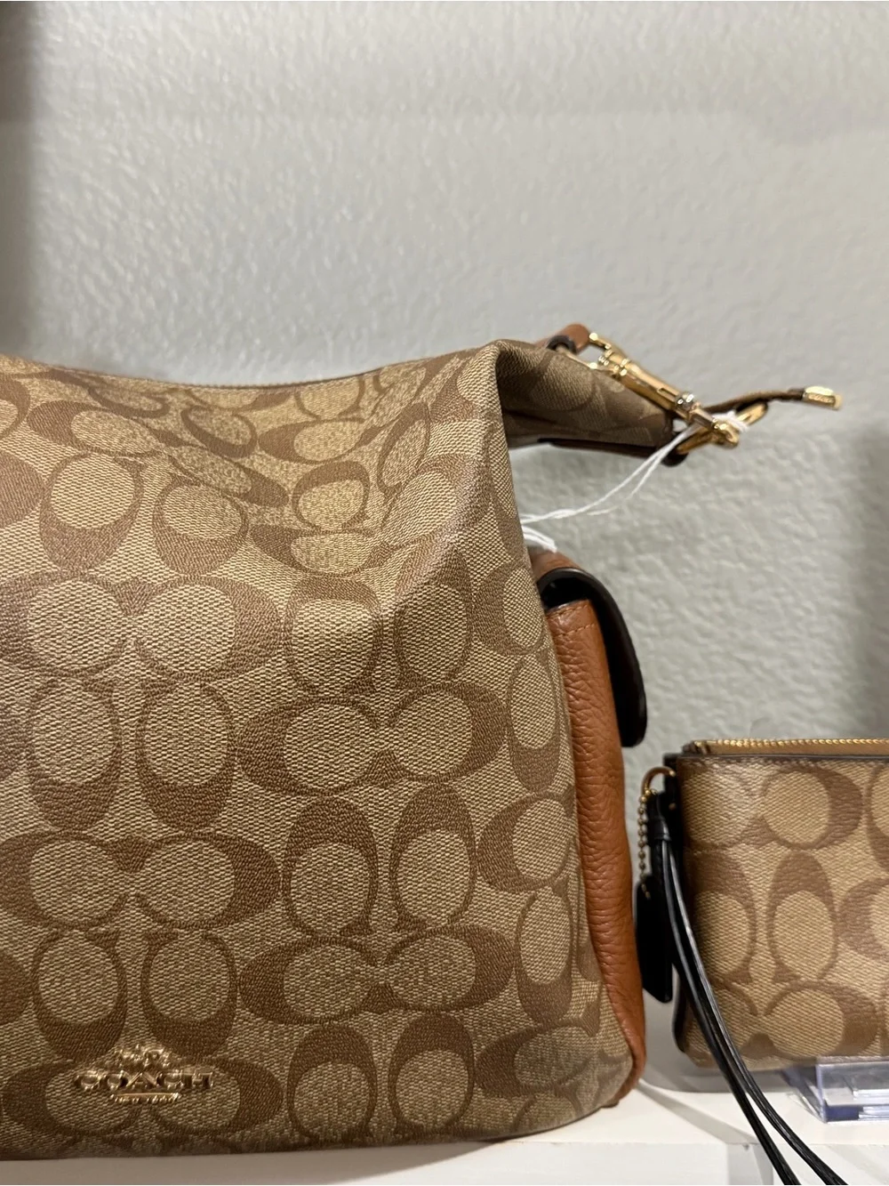 Coach Signature Canvas Shoulder Bag in Tan and Brown with Gold Hardware